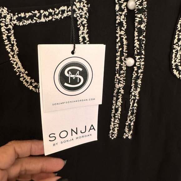 Sonja Morgan Black Collared Long Sleeve Mini Dress Beaded Trim, Size Large NWT - Picture 13 of 15